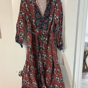 Victoria Dunn Rust Floral Wrap Maxi Dress with Navy Trim